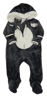 Nové - Tmavošedo-bílá plyšová kombinéza s kapucí - tučňák 