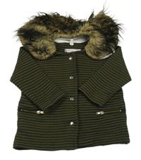 Khaki-černá pruhovaná propínací mikina s odepínacím kožešinovým límcem 