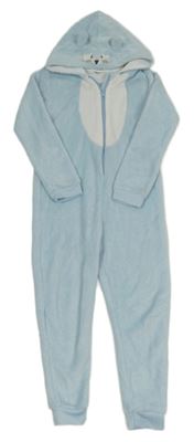 Světlemodro-bílá plyšová kombinéza s kapucí s čumákem 