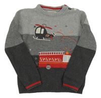 Šedo-antracitový svetr s auty a vrtulníkem 