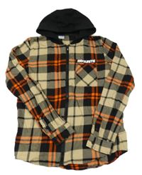 Béžovo-černo-oranžová kostkovaná košile s nápisem a kapucí Chapter young