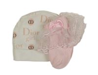 2set - bílo-růžová čepice s nápisy + světlerůžové ponožky s volánky a mašlí 