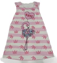 Bílo-růžové pruhované šaty s plameňákem a korunkami 