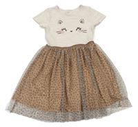 Béžovo-hnědé šaty s čumákem a tylovou sukní s leopardím vzorem H&M