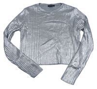 Stříbrný žebrovaný crop svetr Candy couture