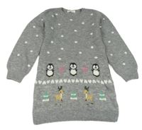 Šedé pletené šaty s puntíky a tučňáky H&M