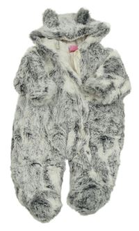 Šedo-bílá kožešinová zateplená kombinéza s kapucí Cutey couture