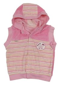 Světlerůžovo-bílo-žlutá pruhovaná sametová mikinová vesta s kapucí 