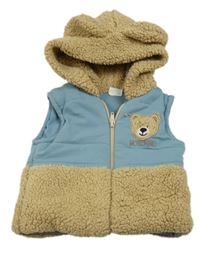 Béžovo-modrá huňato/bavlněná zateplená vesta s kapucí 