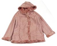 Růžová semišová zateplená bunda s kytičkami a kapucí Pocopiano