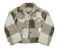 Hnědo-bílá kostkovaná chlupatá košilová bunda Shein 