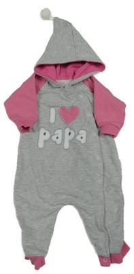 Šedo-růžová tepláková kombinéza s nápisem a kapucí 