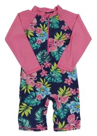 Tmavmodro-růžový UV overal s květy 