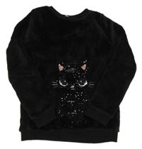 Černá plyšová mikina s kočkou z flitrů H&M