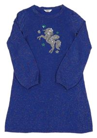 Tmavomodro-barevné úpletové třpytivé šaty s jednorožcem z flitrů M&Co.