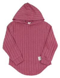 Růžové žebrované pletené mikinotriko s kapucí 