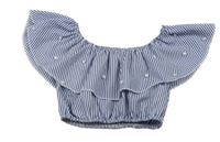 Modro-bílá proužkovaná crop halenka s perličkami 