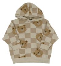 Béžovo-hnědý kostkovaný svetr s medvídky a kapucí Next