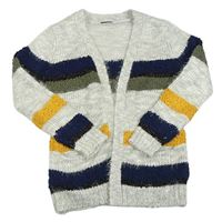 Světlešedo-tmavomodro-khaki-hořčicový pruhovaný chlupatý svetrový cardigan 