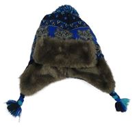 Modro-tmavomodrá vzorovaná beranice s vlky a kožešinou a bambulí Tu