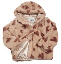 Růžová kožešinová zateplená bunda se srdíčky a kapucí PRIMARK