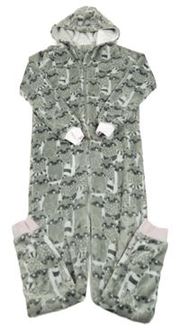 Šedo-světlerůžová plyšová kombinéza s mývaly a kapucí Matalan