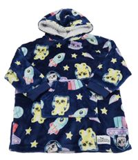 Tmavomodrá plyšová oversize dlouhá mikina s raketami a kočičkami a kapsou a kapucí PRIMARK