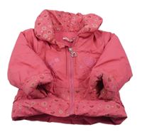 Tmavorůžová šusťáková zimní bunda s kytičkami a srdíčky TYK