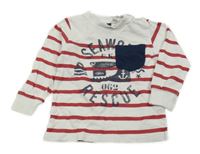 Bílo-červené pruhované melírované triko s nápisy a kotvou a kapsou iDO