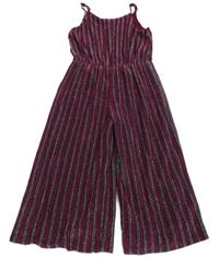 Černo-vínovo-stříbrný pruhovaný kalhotový culottes slavnostní overal M&S