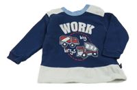 Tmavomodro-bílo-modrá mikina se stavebními stroji a nápisy