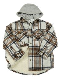 Nové - bílo-hnědo-černá kostkovaná zateplená košilová bunda s kapucí Next