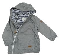 Šedá melírovaná plátěná jarní bunda s nášivkami a kapucí Topomini