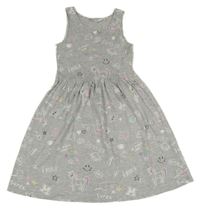 Šedé melírované šaty s obrázky a nápisy H&M