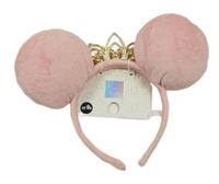 Nové - světlerůžová plyšová čelenka s oušky s zlatou korunkou s perlami - Minnie Disney