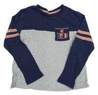 Šedo-tmavomodré melírované triko s kapsou s nápisy a pruhy George