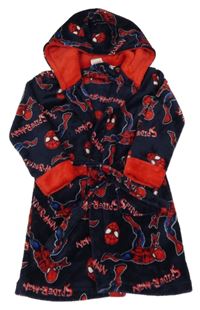 Tmavomodro-červený plyšový župan se Spider-many a kapucí PRIMARK