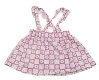 Bílo-tmavorůžová kostkovaná květovaná tepláková sukně s kšandami s volánky PL: Kids