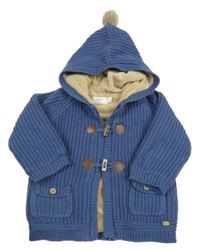 Tmavomodrý žebrovaný propínací zateplený svetr s kapucí mayoral