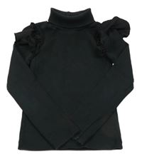 Černý žebrovaný rolák s volánky Tu