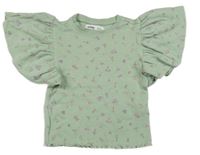 Olivové puntíkaté žebrované crop tričko s kytičkami a volánky sinsay