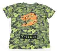 Khaki-zelené army melírované tričko s T-Rexem z překlápěcích flitrů Y.F.K.