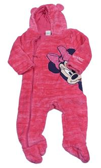 Tmavorůžová melírovaná chlupatá podšitá kombínéza s Minnie a kapucí zn. Disney