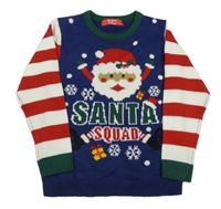 Tmavomodro-červeno-bílý svetr se Santou a pruhy na rukávech