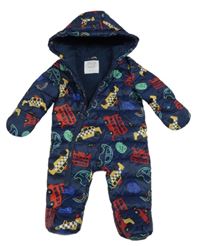 Tmavomodrá šusťáková zimní kombinéza s auty a kapucí F&F