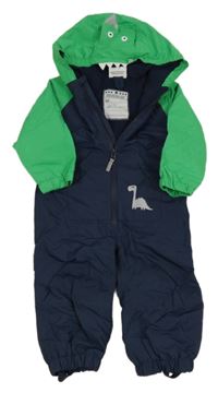 Tmavomodro-zelená šusťáková jarní kombinéza s dinosaurem a kapucí Topomini