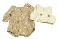 2set - Hnědé body s ptáčky + krémová chlupatá podšitá propínací vesta F&F