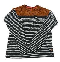 Černo-bílo-hnědé triko se vzorem a pruhy