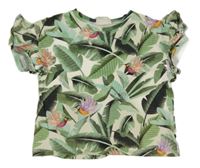 Krémovo-zelené tričko s listy a kolibříky H&M