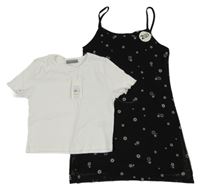 Nové - 2set - Černé květované síťované šaty + bílé žebrované crop tričko Pep&Co
